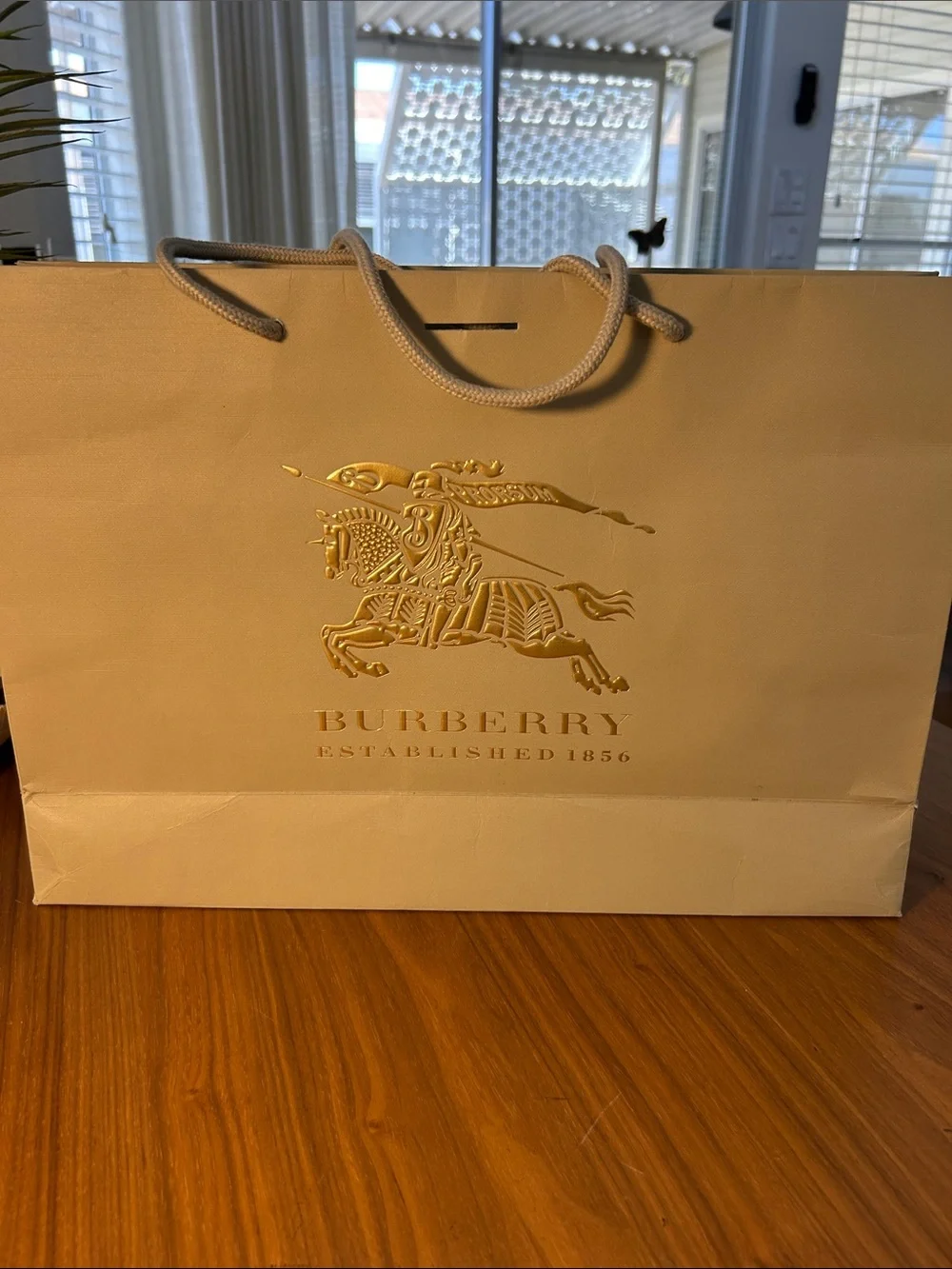 Burberry Taupe Paper Shopping Bag with Gold Logo